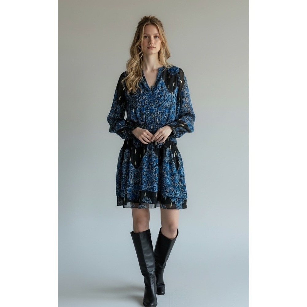 White House Black Market Dress sz M Blue Black Metallic‎ Smocked Mini whimsigoth